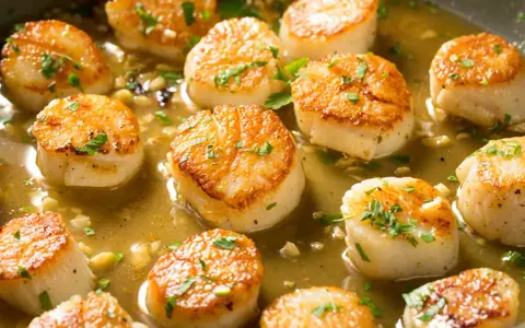 Saint-jacques dorées dans une sauce savoureuse, parfaites pour un temps de cuisson au barbecue rapide et délicieux.
