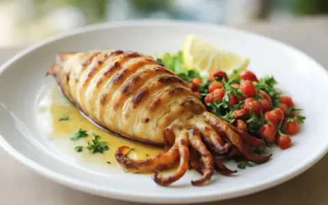 Un encornet grillé, parfaitement marqué, baigne dans une sauce dorée, accompagné d'une salade de tomates cerises et d'une tranche de citron.