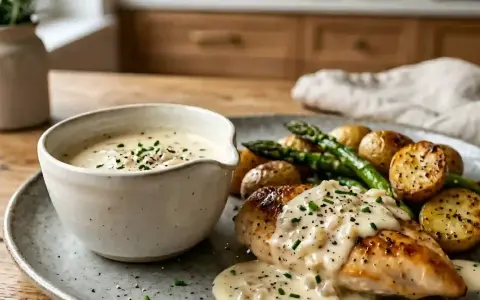 Un plat de poulet rôti avec des pommes de terre, des asperges et une sauce échalote crémeuse, garnie de ciboulette fraîche.