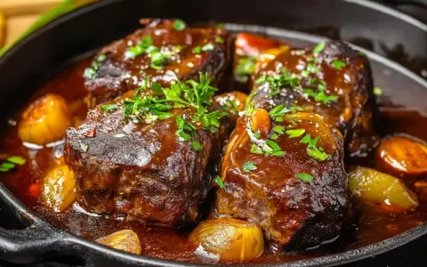 Quatre morceaux de joue de bœuf braisée, nappés d'une sauce riche et garnie de persil frais, mijotent dans une poêle en fonte avec des oignons caramélisés.