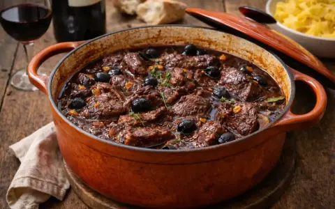 Un plat mijoté de daube de boeuf, garni d'olives noires et de thym, dans une cocotte en fonte orange.