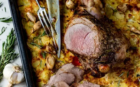 Un gigot d'agneau rôti, tranché, servi sur un lit de pommes de terre gratinées avec de l'ail et du romarin.