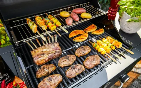 Côtelettes d'agneau, brochettes de légumes et pommes de terre sur un barbecue. La température du barbecue est parfaite pour une cuisson savoureuse.