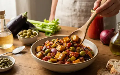 Un plat coloré de caponata, une recette sicilienne savoureuse avec aubergines, olives et tomates.