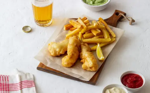 Un plat de fish and chips croustillant, servi avec des frites dorées, un quartier de citron, et des sauces. Une bière blonde complète ce repas.
