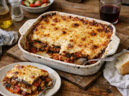 Un plat de moussaka gratinée, prêt à être dégusté. Une invitation à préparer cette recette savoureuse.