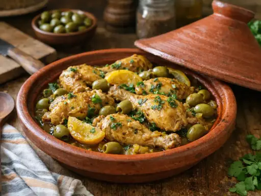 Un savoureux tajine poulet aux olives et citrons confits, garni de persil frais, prêt à être dégusté.