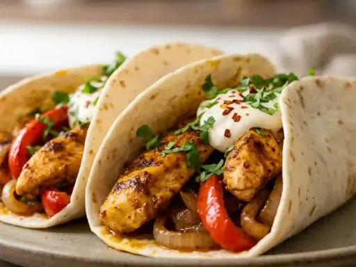 Trois fajitas poulet garnies de poulet grillé, poivrons, oignons, crème fraîche et coriandre. Un délice !