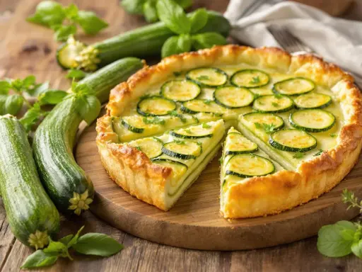 Une délicieuse tarte courgette, garnie de rondelles de courgettes fraîches et de persil, sur un fond de courgettes entières et de basilic.