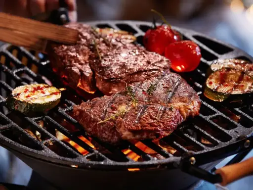 Un délicieux barbecue hivernal avec des steaks juteux, des tomates cerises et des courgettes grillées sur un feu vif.