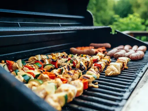 Brochettes de poulet et légumes, saucisses en cuisson barbecue gaz. L'été arrive, les grillades sont prêtes !