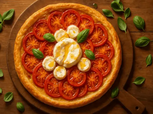 Tarte tomate chèvre, une pâte dorée garnie de rondelles de tomates juteuses et de fromage de chèvre fondant, parsemée de feuilles de basilic frais.