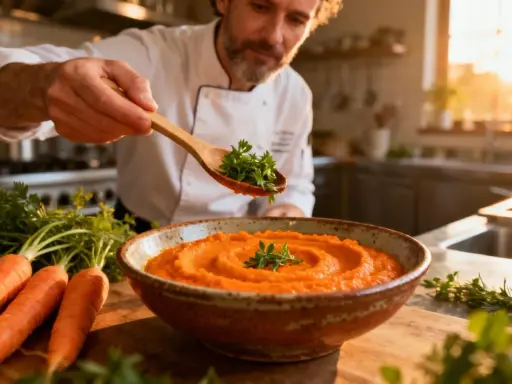 Un chef décore une purée de carotte onctueuse avec des herbes fraîches. Des carottes crues sont disposées à côté.