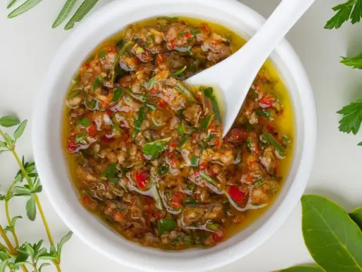 Sauce chien, une préparation vibrante aux herbes fraîches et piments, prête à relever vos plats.