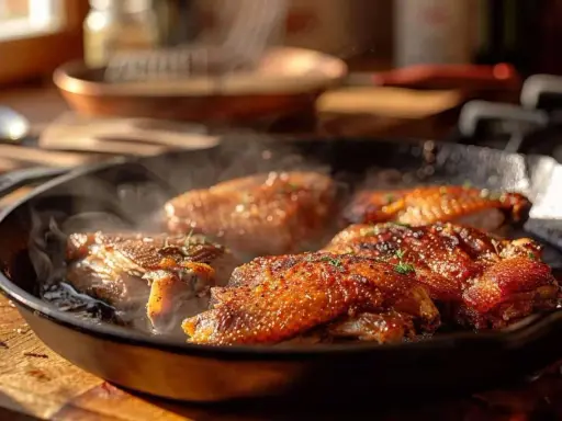 Cuisses de canard confites dorées et croustillantes mijotent dans une poêle en fonte, dégageant une vapeur appétissante.