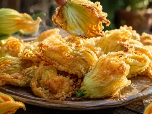 Une assiette de beignets de fleurs de courgettes dorés et croustillants, servis avec des quartiers de citron.