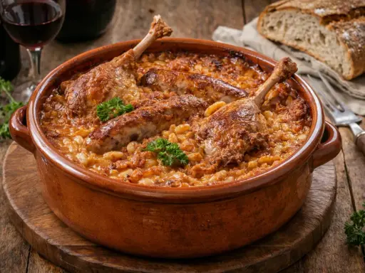 Un plat de cassoulet maison réconfortant, avec des confits de canard, des saucisses et des haricots blancs, garni de persil frais.