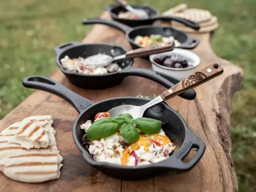 Petits woks de fromage frais, tomates et herbes, servis sur une planche en bois avec du pain grillé. Parfait pour un bbq.