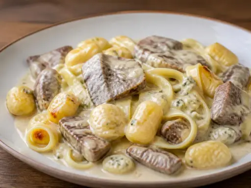 Gnocchis et pâtes fraîches nappés d'une sauce épaisse à la viande et aux herbes. Un plat réconfortant.