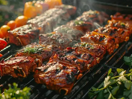 Des côtes levées juteuses et caramélisées cuisent sur un barbecue, dégageant une fumée alléchante. Parfait pour savoir que faire avec un barbecue !
