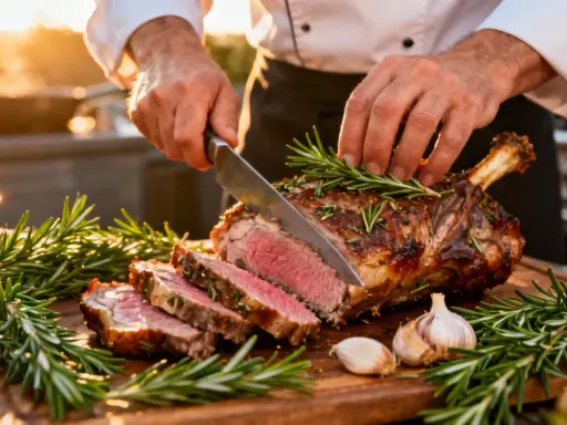 Un chef découpe un gigot d'agneau rôti, garni de romarin et d'ail. Une belle illustration pour une recette gigot agneau.