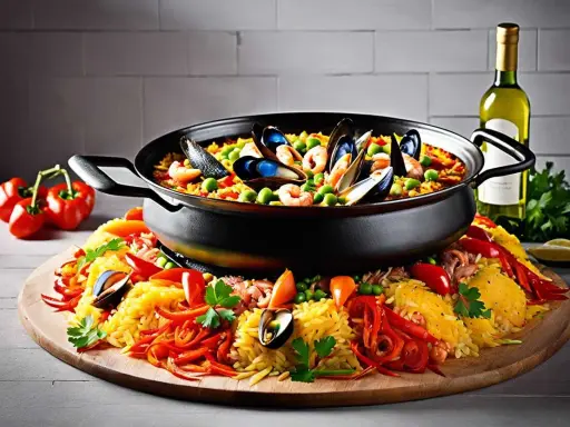 Un plat de paella royale débordant de fruits de mer, de riz jaune, de poivrons et de petits pois, prêt à être dégusté.