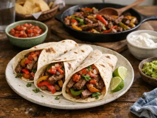 Trois fajitas boeuf garnies de poivrons, tomates et oignons, accompagnées de guacamole, salsa et crème fraîche. Une recette savoureuse !