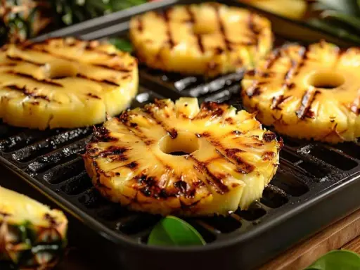 Tranches d'ananas caramélisées sur une plancha, leurs marques de grill ajoutent une touche gourmande. Un délice fruité et chaud.