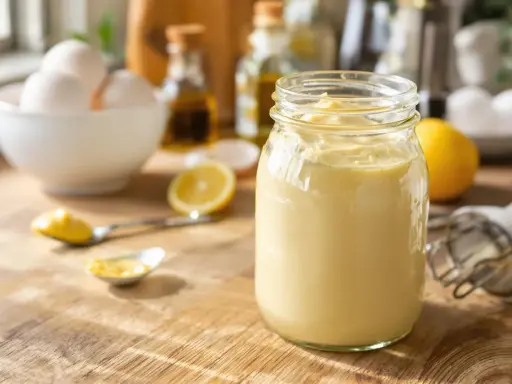 Un pot de mayonnaise maison crémeuse, avec des œufs, du citron et de l'huile sur une table en bois.