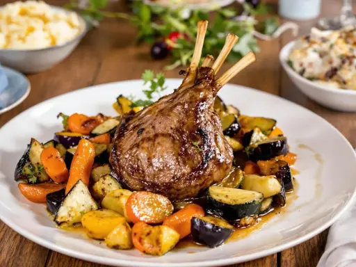 Un gigot d'agneau rôti, prêt pour un accompagnement gigot d'agneau pour Noël, servi avec des légumes de saison grillés.