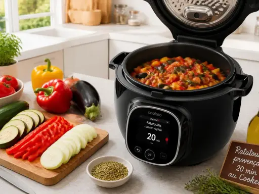Ratatouille provençale prête en 20 minutes dans le Cookeo, avec des légumes frais coupés à côté.