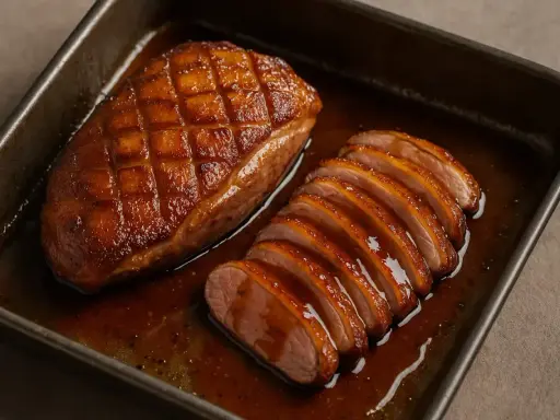 Un magret de canard au four, entier et tranché, baignant dans sa sauce caramélisée. Un délice croustillant et fondant.