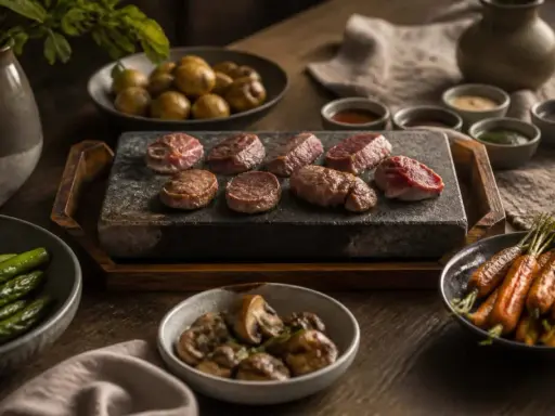 Viandes sur pierre chaude, accompagnées de pommes de terre, carottes, champignons et haricots verts. Quelle sauce pour une pierrade ? Plusieurs petits ramequins de sauces sont disposés.