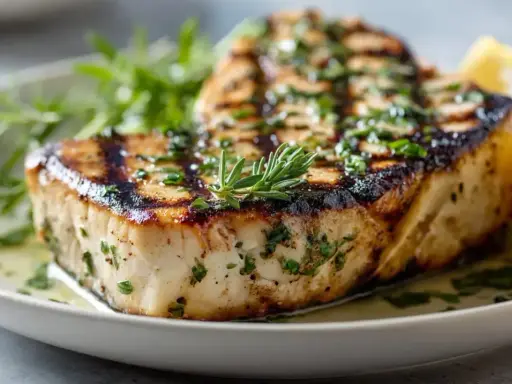 Un épais morceau d'espadon grillé, garni d'herbes fraîches et d'un quartier de citron, sur une assiette blanche.