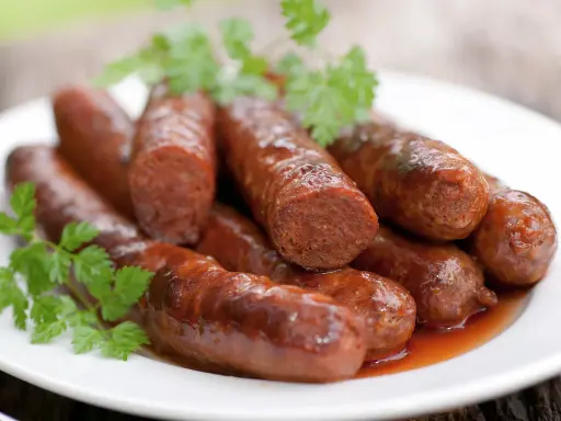 Assiette de merguez au four, dorées et juteuses, garnies de persil frais. Un délice prêt à être dégusté.