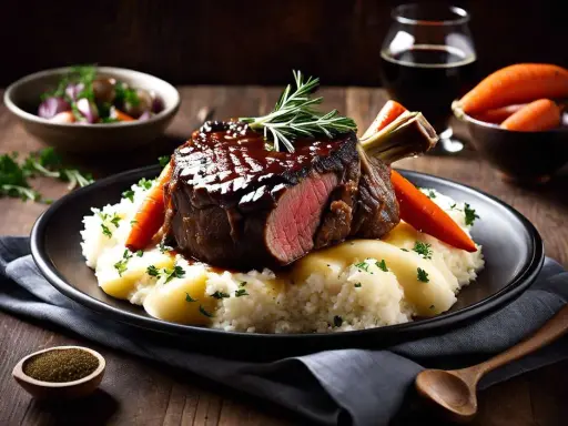 Un succulent jarret de boeuf, nappé de sauce, servi sur une purée onctueuse, accompagné de carottes et d'une touche de romarin.