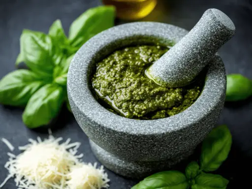 Mortier en pierre rempli de pesto maison, avec du basilic frais et du parmesan râpé à proximité.