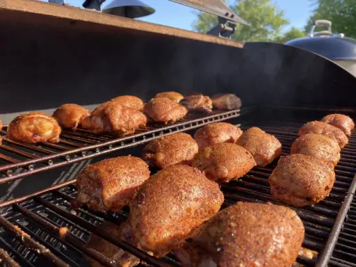 De nombreuses cuisses de poulet désossées, assaisonnées et grillées, fument sur un barbecue par une journée ensoleillée.
