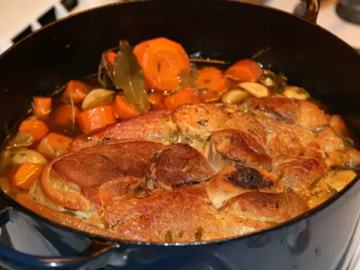 Rouelle de porc mijotant dans une cocotte avec des carottes, de l'ail et des herbes.