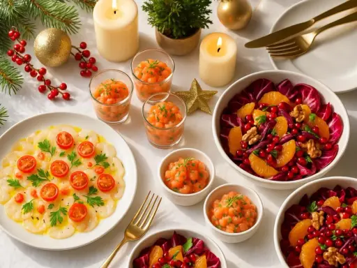 Une **plancha de Noël** festive avec carpaccio de Saint-Jacques, tartare de saumon et salades colorées. Bougies et décorations de fête.