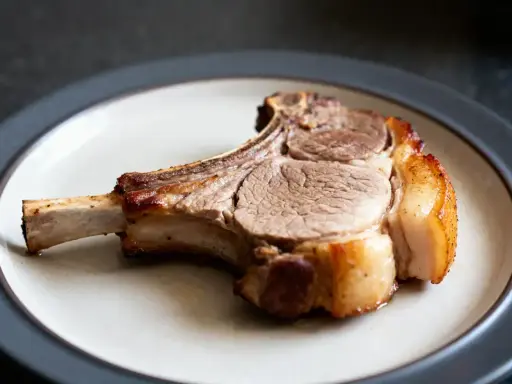 Une côte de porc dorée et juteuse, prête à être dégustée, repose sur une assiette.
