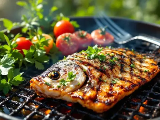 Maquereau grillé sur barbecue Weber, avec tomates et persil. Le temps de cuisson parfait pour un poisson savoureux.
