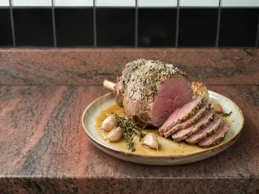 Un délicieux roti d'agneau au four, tranché et servi avec de l'ail rôti et des herbes sur une assiette.