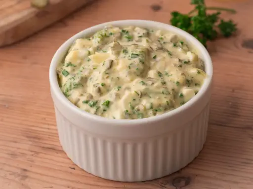 Sauce pour viande froide crémeuse avec des morceaux d'œufs durs et des herbes fraîches, servie dans un ramequin blanc sur une table en bois.
