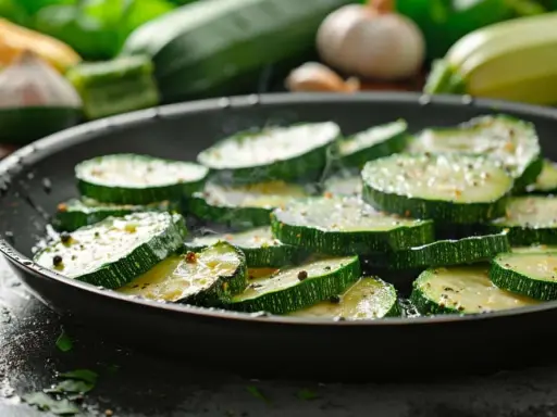 Tranches de courgettes assaisonnées cuisant dans une poêle, prêtes pour une délicieuse recette de courgette à la poêle.
