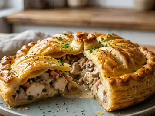 Une tourte au poulet dorée et feuilletée, garnie de poulet, champignons et lardons, prête à être dégustée.