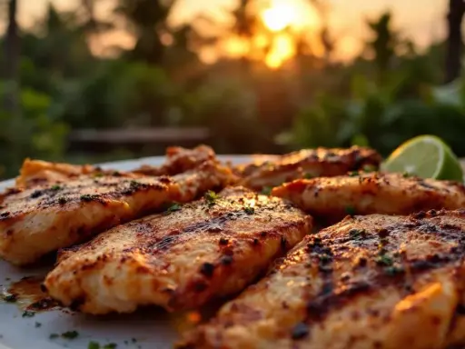 Assiette de poulet boucané grillé, garnie d'herbes et d'une tranche de citron vert, au coucher du soleil.