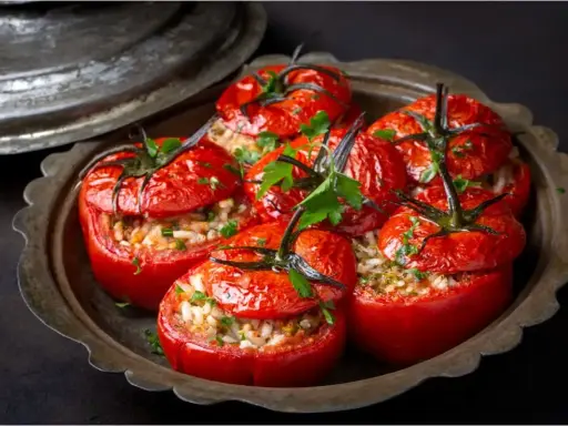 Tomates farcies au riz au four, garnies de persil frais, servies dans un plat en métal patiné. Un délice simple et savoureux.