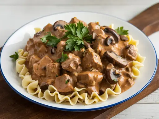 Un plat de boeuf Stroganoff crémeux avec des champignons et des pâtes ondulées, garni de persil frais. Un délice réconfortant.