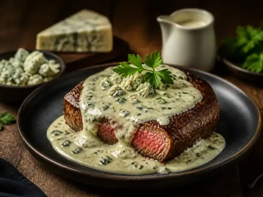 Un steak savoureux nappé d'une sauce maison pour viande crémeuse au bleu, garni de persil frais.